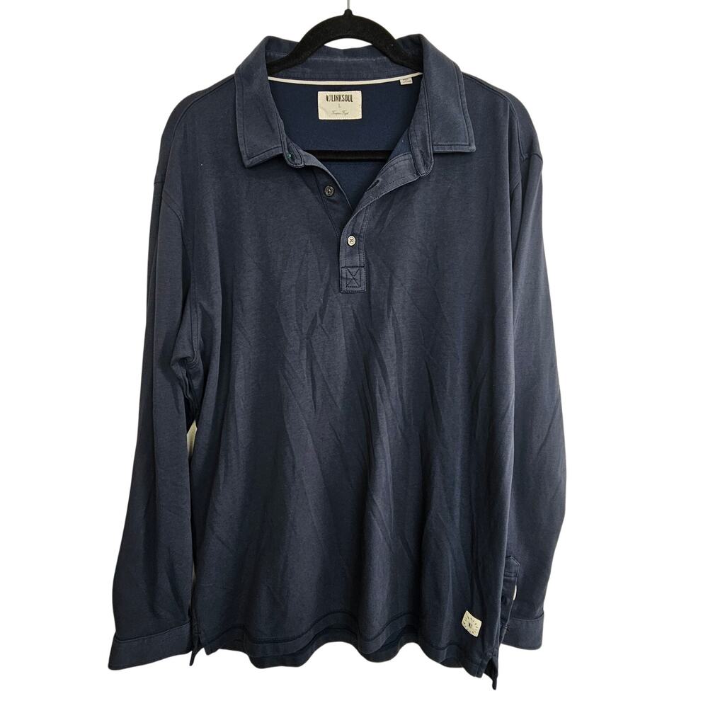 Linksoul Polo Shirt Pullover Long Sleeve Top Navy Blue Men L Collared Neck